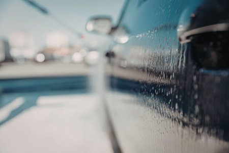 Closeup of car door with raindropsの写真素材