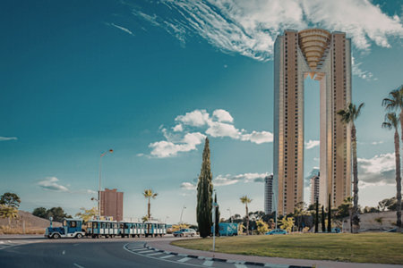 A tall building stands along a roadの写真素材