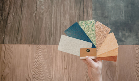 Colorful flooring samples are displayed