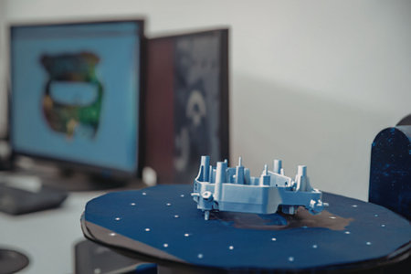 A small blue model sits on a round table