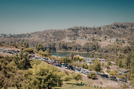 Aerial view of a lakeside parking lotの写真素材