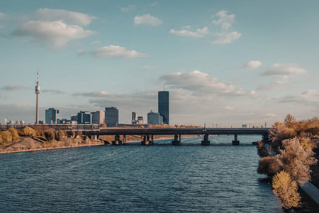 City skyline with bridge over waterの写真素材