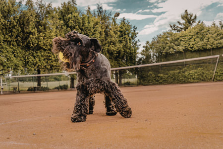 Dog playing tennis on court
