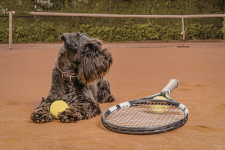 Dog relaxing on tennis court with ball and racket