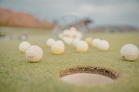 Golf balls scattered around a hole
