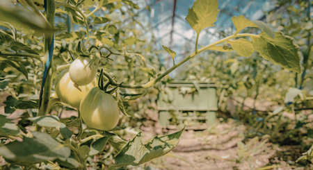 Green tomatoes growing in a lush greenhouse environment