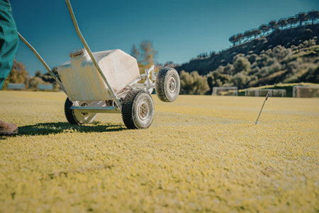 Lawn care equipment on a green grassy fieldの写真素材