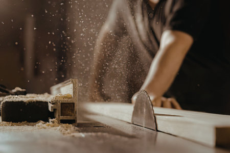 Man working with wood in a workshopの写真素材