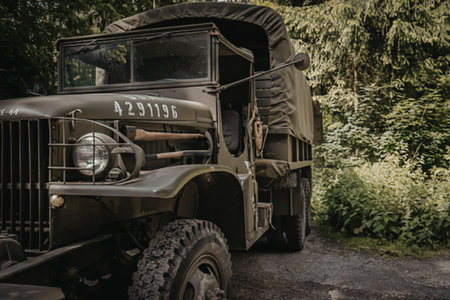 Military truck parked on forest road