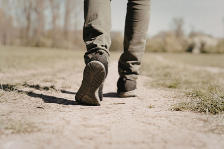 Person walking on a dirt pathの写真素材