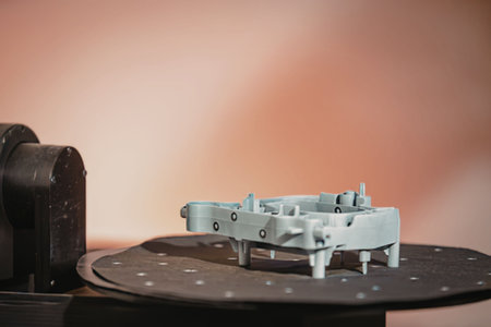 Small white robot on a black turntable