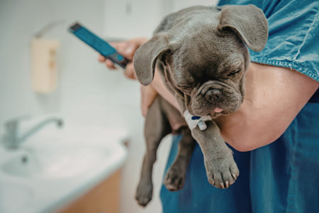 Veterinarian holding a small dogの写真素材