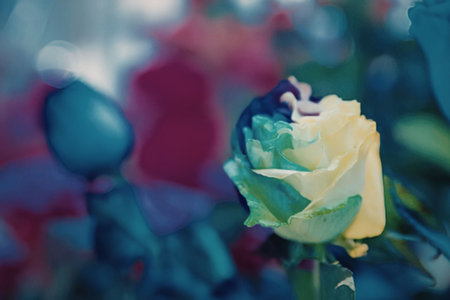 Vibrant multicolored rose in bloomの写真素材