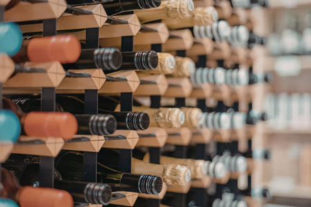 Wine bottles on a wooden rack
