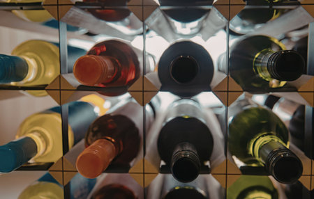 Wine bottles on a shelf in a cellar