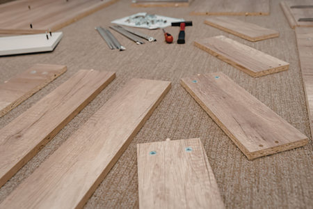 Wooden planks and tools on the floor