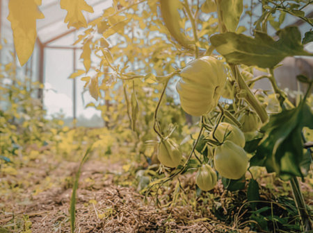Greenhouse with tomato plants growingの写真素材