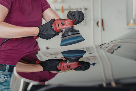 Woman polishing car surface with electric tool