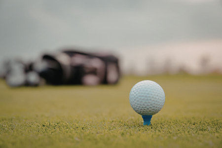 Golf ball on a blue tee in a green field