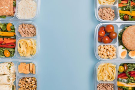 The image shows several plastic containers filled with different types of food. The containers are arranged on a blue background and are filled with a variety of meals, including vegetables, fruits, nuts, and protein sources. The containers appear to be designed for meal prep or portion control.