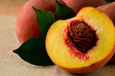 a cut peach with a visible pit and red flesh, surrounded by whole peaches and green leaves on a wooden surface