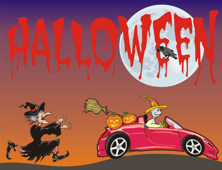 halloween - scarecrow running from a witchのイラスト素材