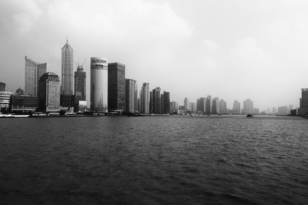 Shanghai, China - October 18 2006.View of Shanghai skyscrapers in black and white