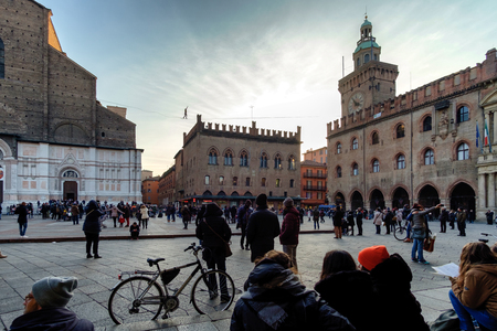 Bologna, Italy - January 04 2017: Tightrope walking on a rope over to Piazza Maggiore, the center of the medieval city of Bologna in Italyのeditorial素材