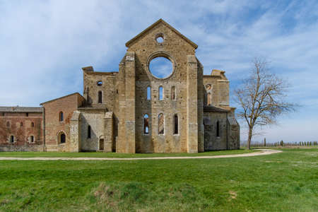 Ancient abbey of San Galgano in Tuscany, Italy. It located about thirty kilometers from the medieval city of Sienaの写真素材