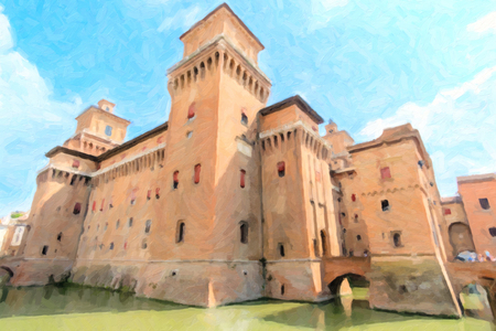 Painting of the castle of Ferrara, Italy, on a sunny dayのeditorial素材