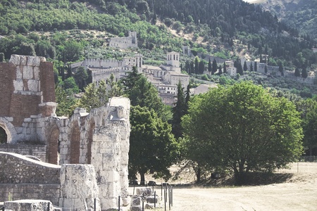 Gubbio, Umbria, Italy, with the amphitheater located at the gates of the cityのeditorial素材