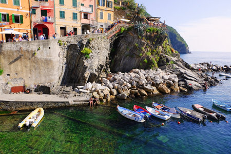 Riomaggiore, Italy- September 18, 2018: View of the city in the Ligurian sea of the ancient and...