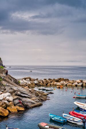 Riomaggiore, Italy- September 17, 2018: View of the small bay of one of the Cinque Terre town in the Ligurian Seaのeditorial素材