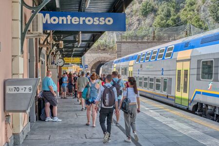 Monterosso, Italy- September 18, 2018: Train station of the famous Ligurian town, in the Cinque Terre, visited by tourists from all over the worldのeditorial素材