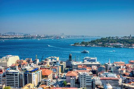 Istanbul, Turkey- September 18, 2017: View of the city of Istanbul, European and Asian part, from the Golden Horn to the Bosphorus, with Topkapi Palace,  famous tourist siteのeditorial素材