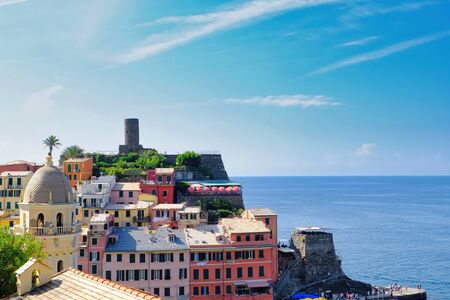 Vernazza, Italy- September 18, 2018: View of the city in the Ligurian sea of the ancient and typical Cinque Terre village in summerのeditorial素材