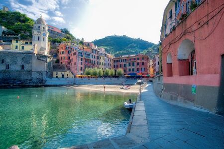 Vernazza, Italy- September 18, 2018: View of the city in the Ligurian sea of the ancient and typical Cinque Terre village in summerのeditorial素材
