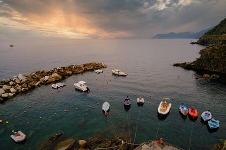 Riomaggiore, Italy- September 17, 2018: View of the small bay of one of the Cinque Terre town in the Ligurian Seaのeditorial素材