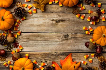 Top down view of a variety of autumn decorations forming a border against a wooden background and...