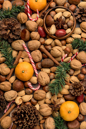 A top down close up view of various mixed nuts, candy canes, oranges and cinnamon sticks for...