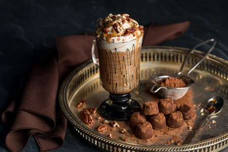 A decorative glass of cappuccino with whip cream, pecans, caramel drizzle and cocoa sprinkles served...