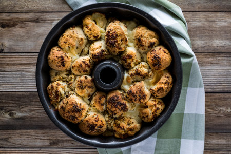 Top down view of a bundt pan filled with freshly baked pull apart rolls ready for eating. Also known...
