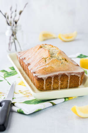 Close up of a lemon poppy seed bread loaf ready to be cut into.の写真素材