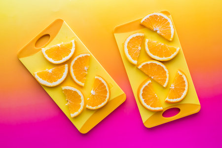 Navel oranges on yellow cutting boards against a bright background.