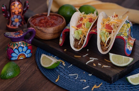 filled tacos in a taco stand with salsa on the side.の写真素材