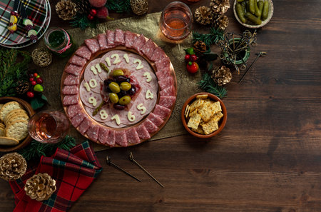 Top down view of a Charcuterie platter made into a clock surrounded by festive foods and decorations.の写真素材