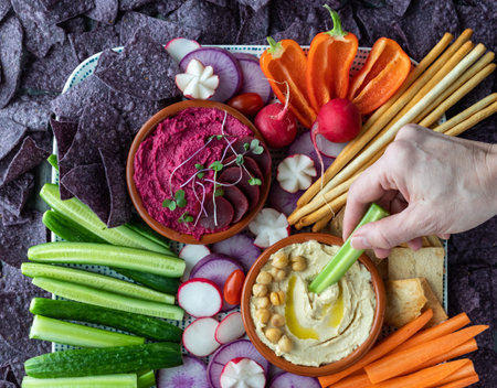 Close up of a hand dipping a celery stick into hummus dip with colourful vegetables and blue corn...