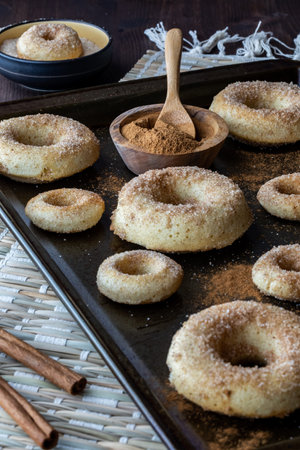 Close up of sugar and cinnamon donuts on a cookie sheet with a small bowl of cinnamon.の写真素材