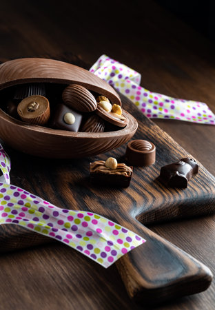 Close up view of a chocolate Easter egg filled with gourmet chocolates on a wooden board against a...