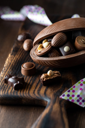 Close up of a chocolate Easter egg filled with various gourmet chocolates. An Easter concept.